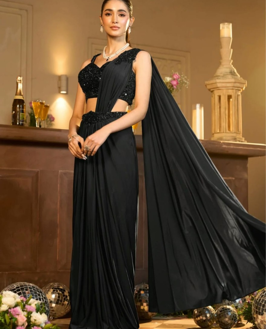 BLACK - Lycra Pre-Drape Saree